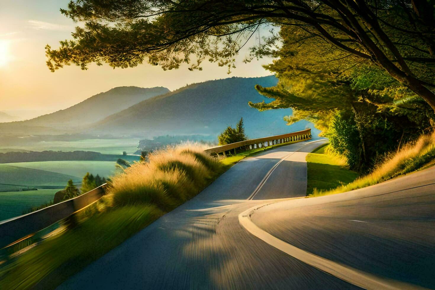 a winding road in the countryside with the sun setting. AI-Generated photo