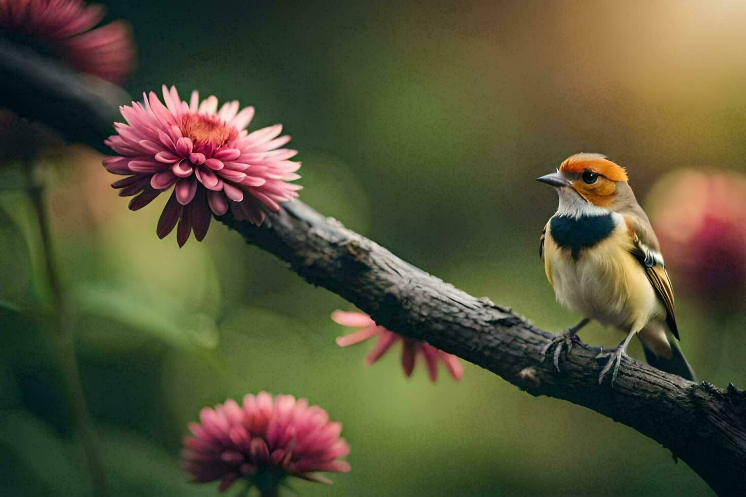 un pájaro se sienta en un rama con rosado flores generado por ai foto