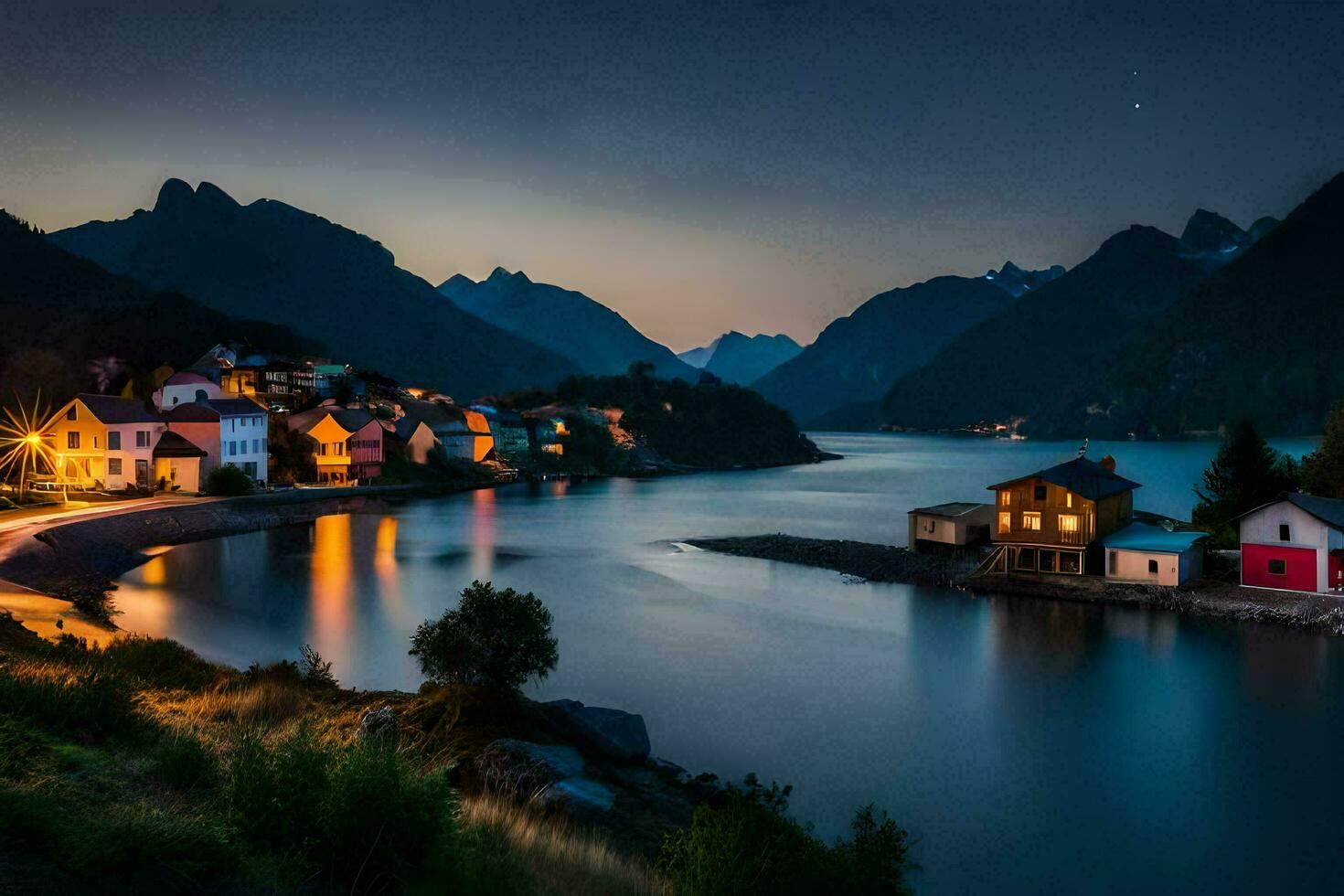 foto fondo de pantalla el cielo, montañas, agua, casas, el noche, el montañas, Noruega. generado por ai