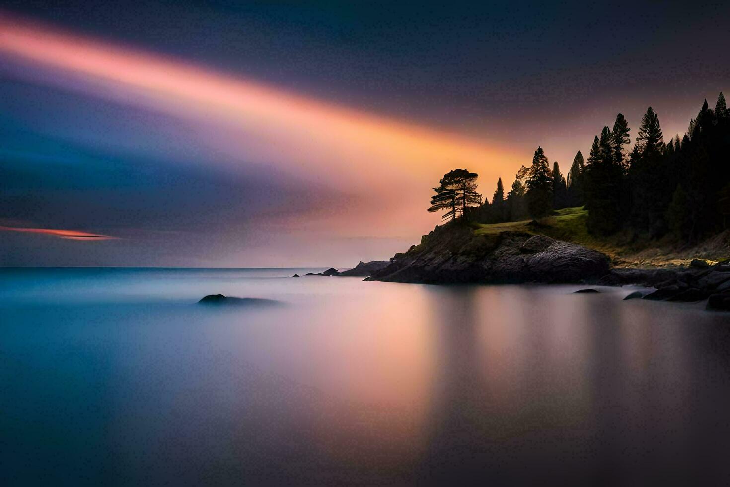a long exposure photograph of a sunset over the ocean. AI-Generated photo