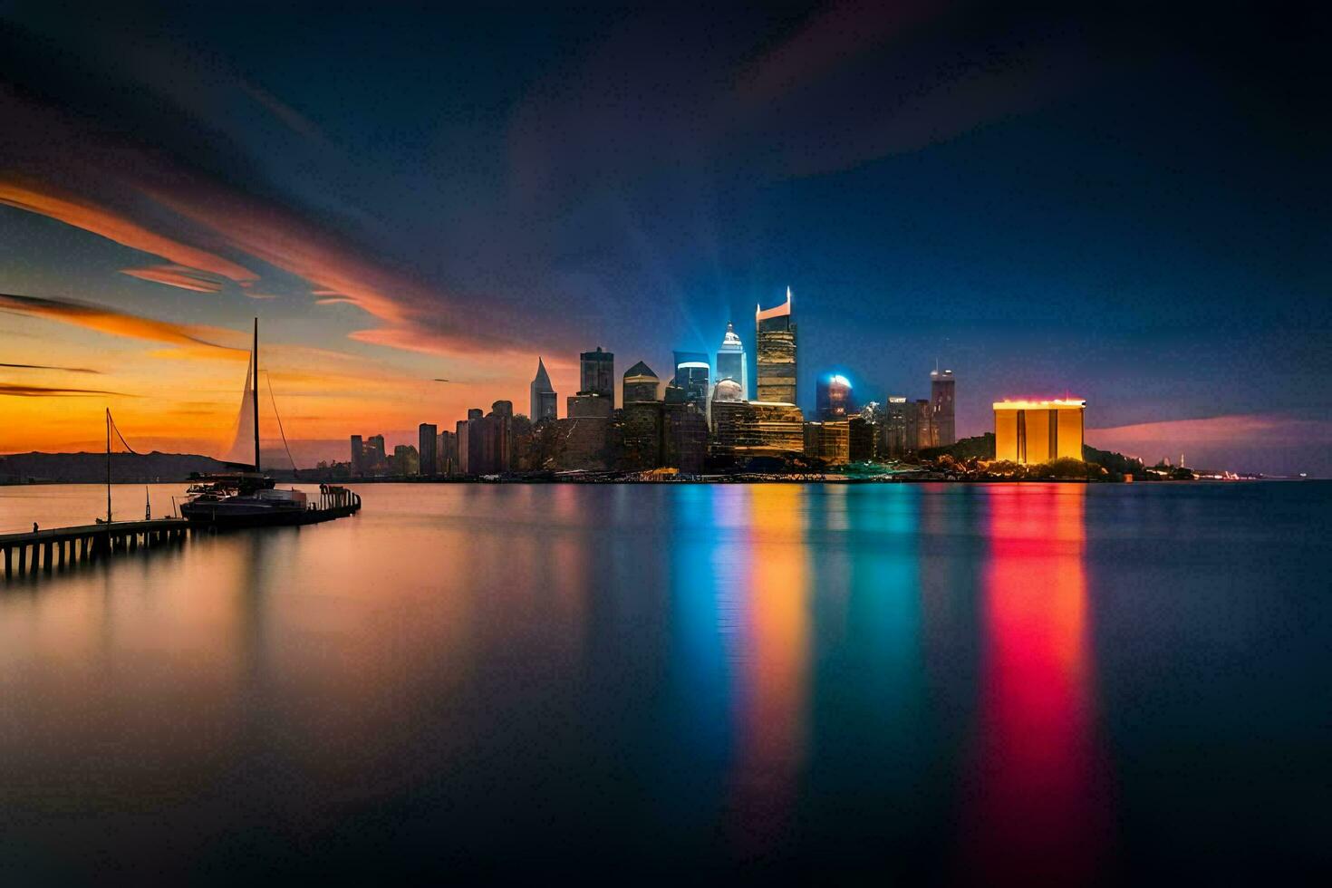 the city skyline at sunset with a boat in the water. AI-Generated photo
