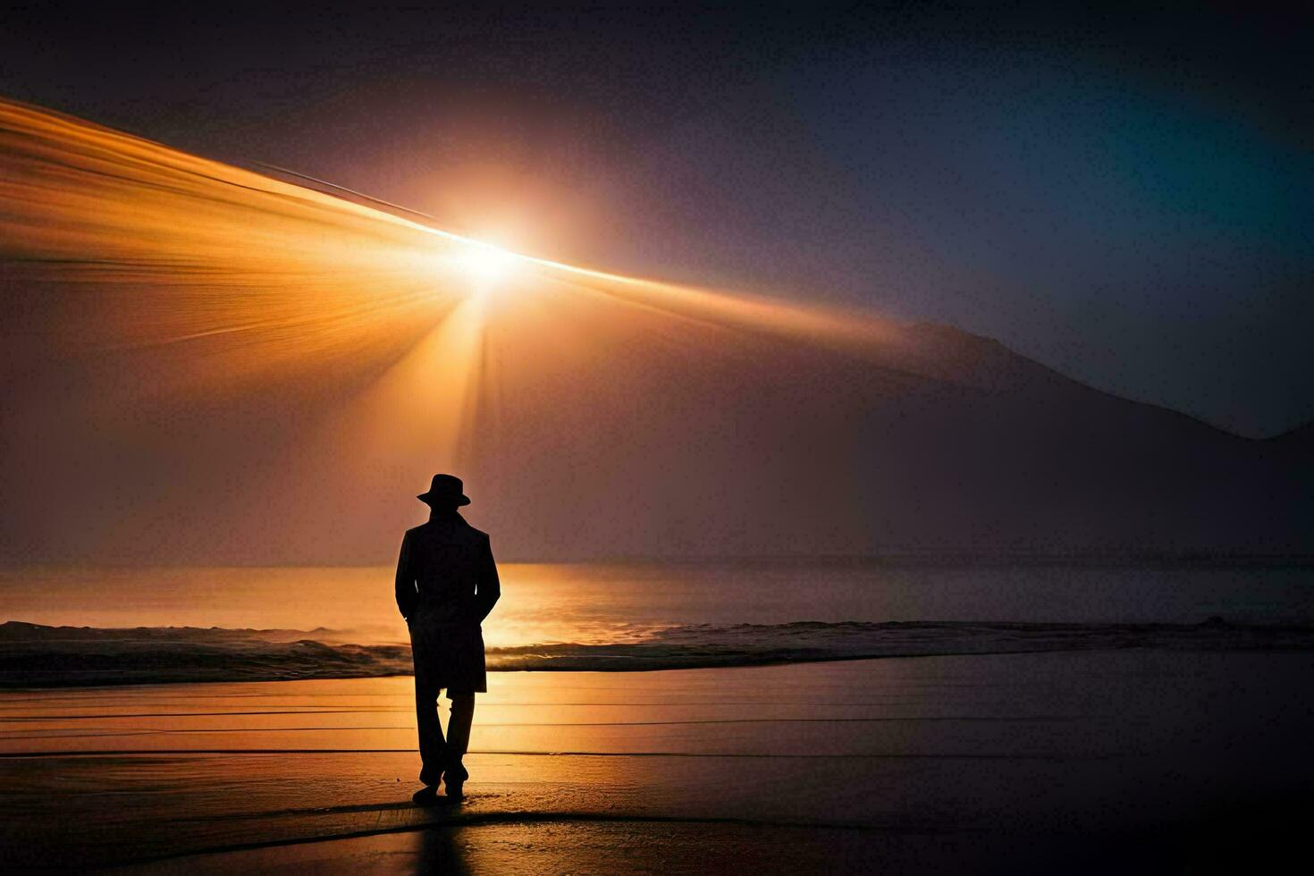 a man standing on the beach at sunset. AI-Generated photo