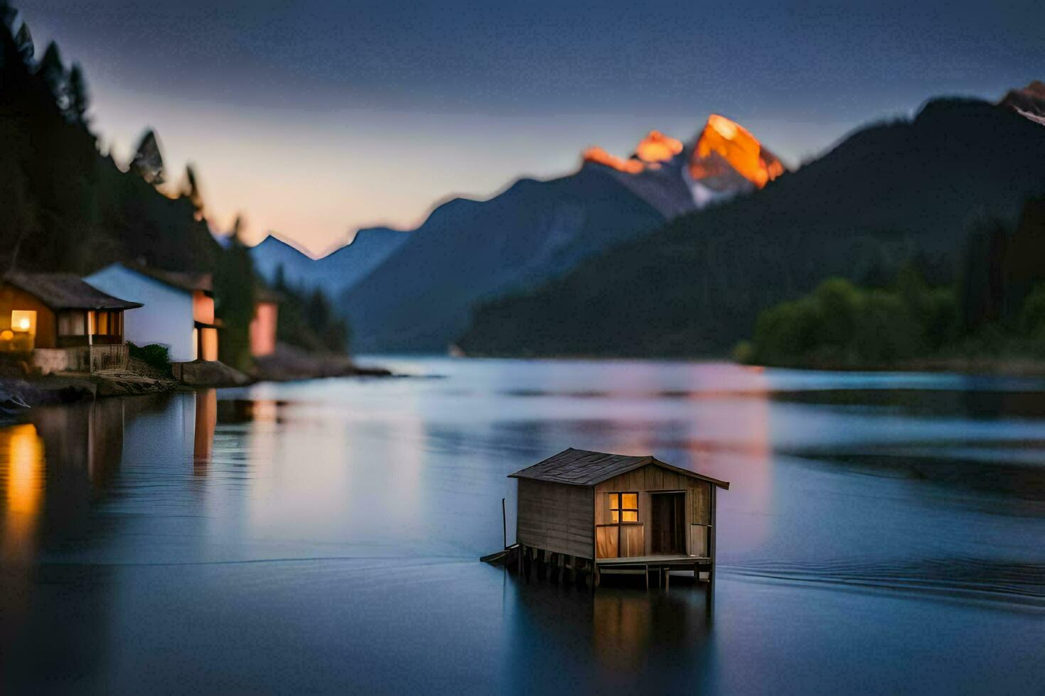 a small house sits on the edge of a lake at dusk. AI-Generated photo