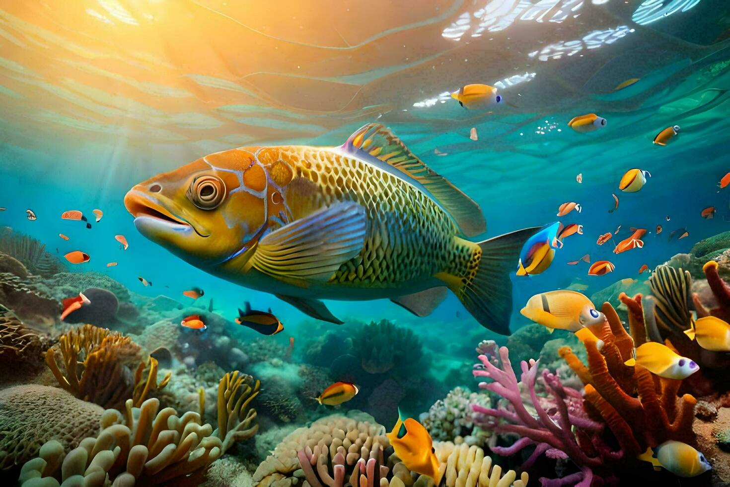 an underwater scene with a fish swimming in the ocean. AI-Generated photo