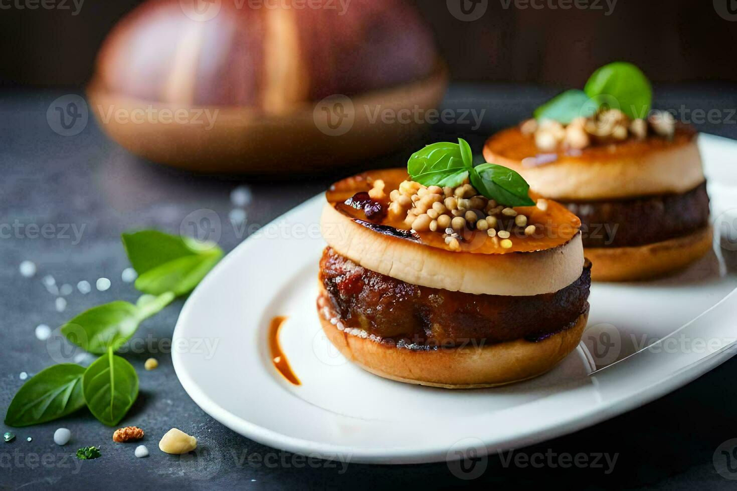 two small cakes on a plate with nuts and herbs. AI-Generated photo