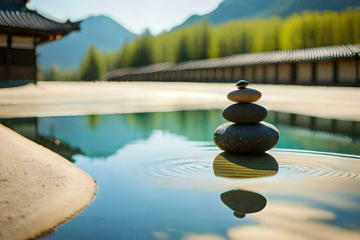 a stone stack sits on top of a pond in front of a building. AI-Generated photo
