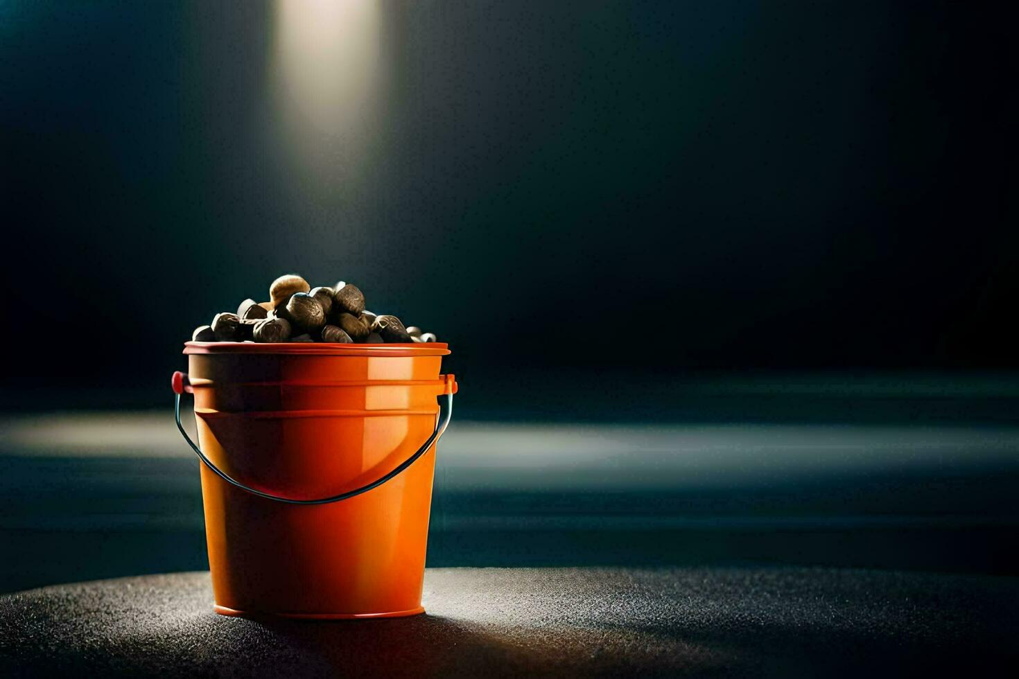 a bucket of gravel sitting on a dark floor. AI-Generated photo