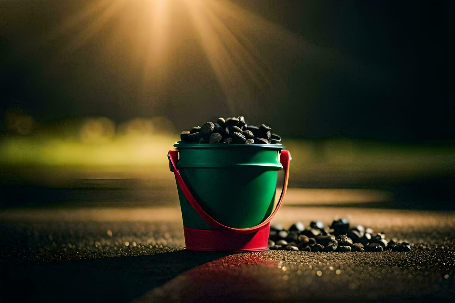 a bucket of coffee beans on the road. AI-Generated photo
