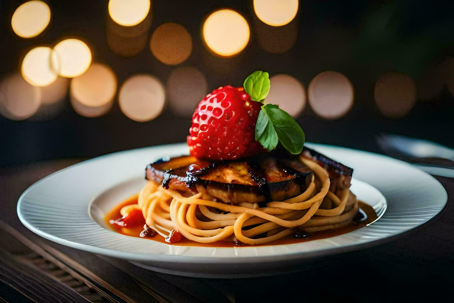 the food is served on a plate with a strawberry and a fork. AI-Generated photo