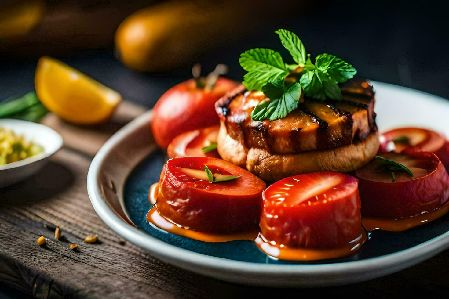a plate with a grilled steak and tomatoes. AI-Generated photo