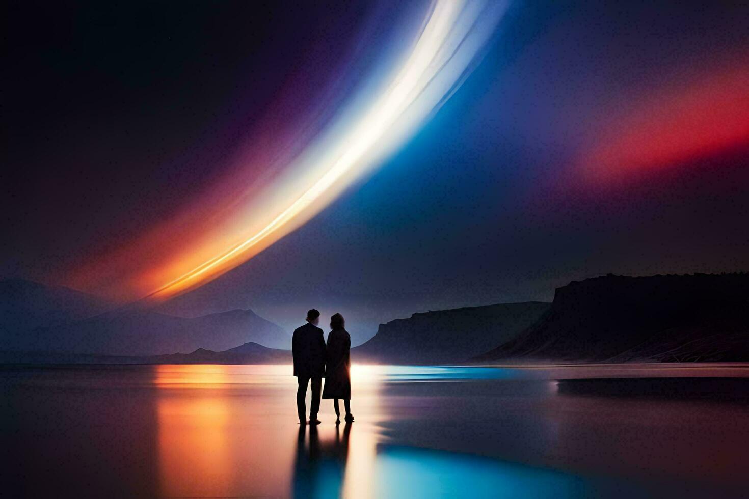 a couple standing on the beach with a colorful light. AI-Generated photo