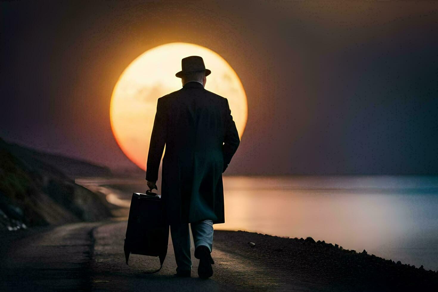 a man in a top hat and suit walking down a road with a suitcase. AI-Generated photo