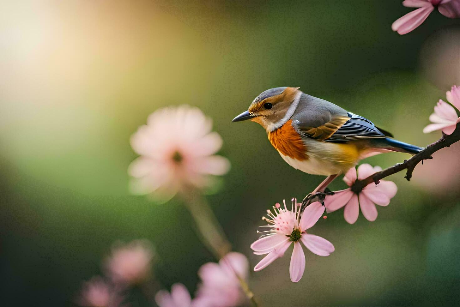 a bird sits on a branch with pink flowers. AI-Generated photo