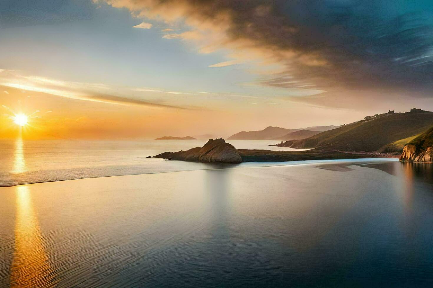 the sun sets over a body of water and a small island. AI-Generated photo