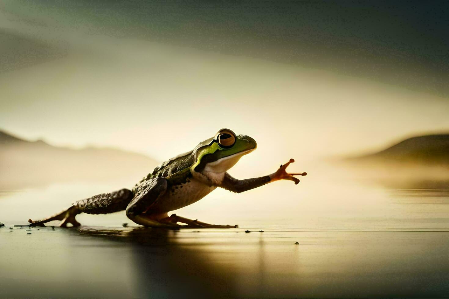 a frog is standing on the water with its legs spread out. AI-Generated photo