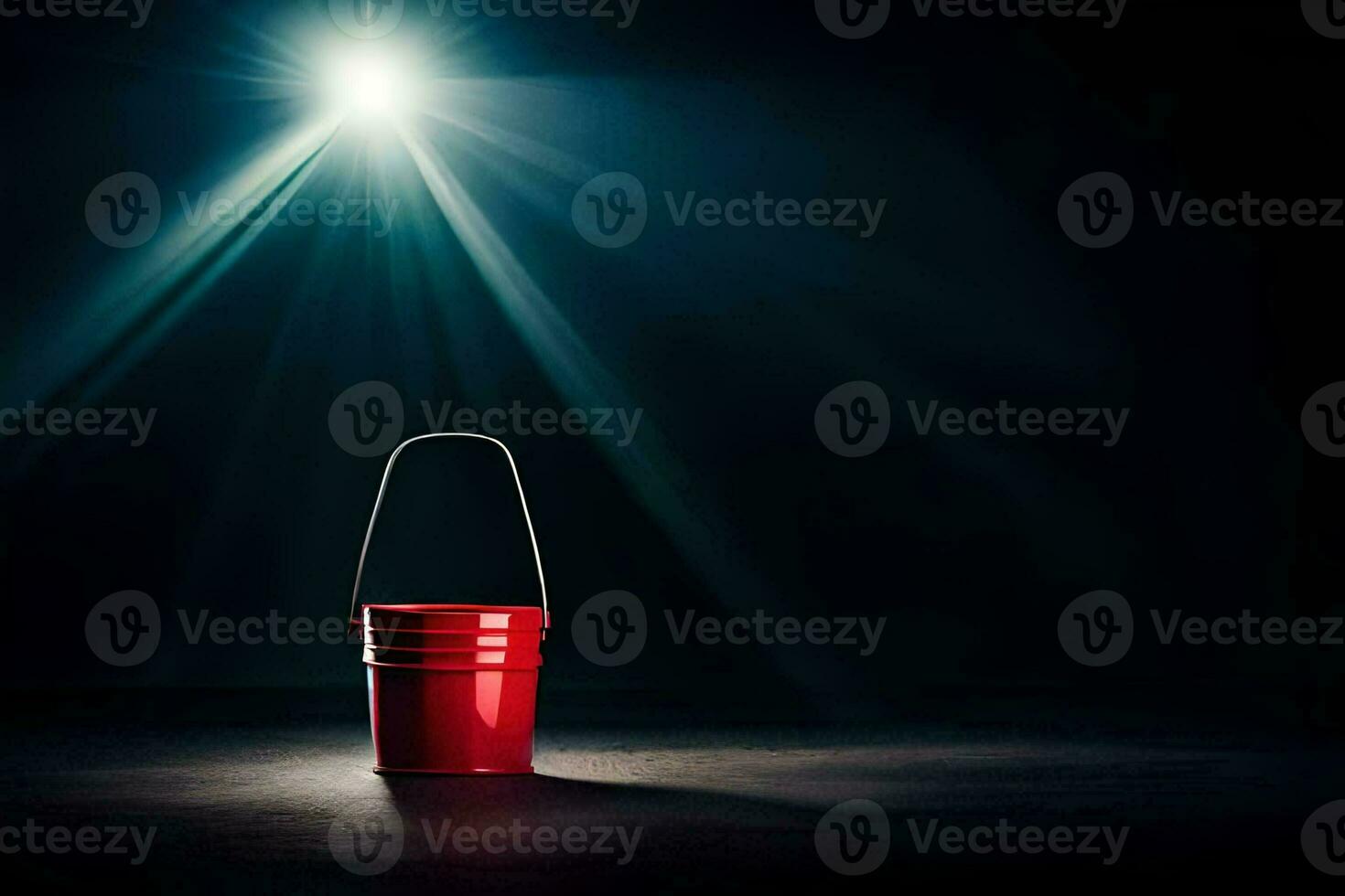 a red bucket on a dark floor with a spotlight shining on it. AI-Generated photo
