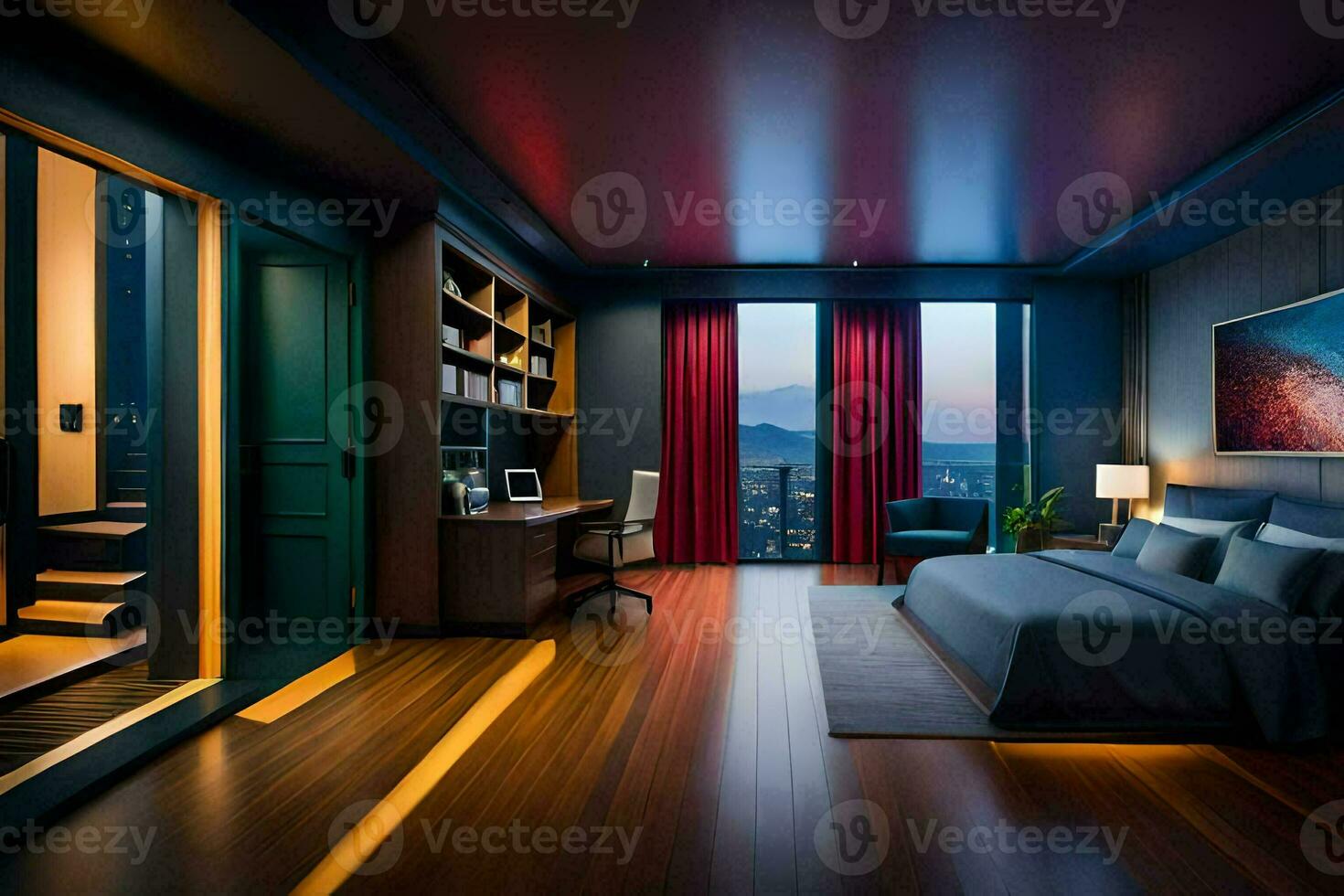 un dormitorio con un grande cama y de madera pisos generado por ai foto