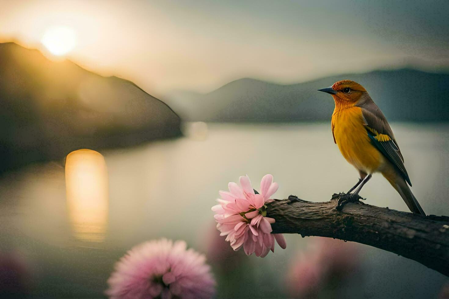 a yellow bird sits on a branch near a lake. AI-Generated photo