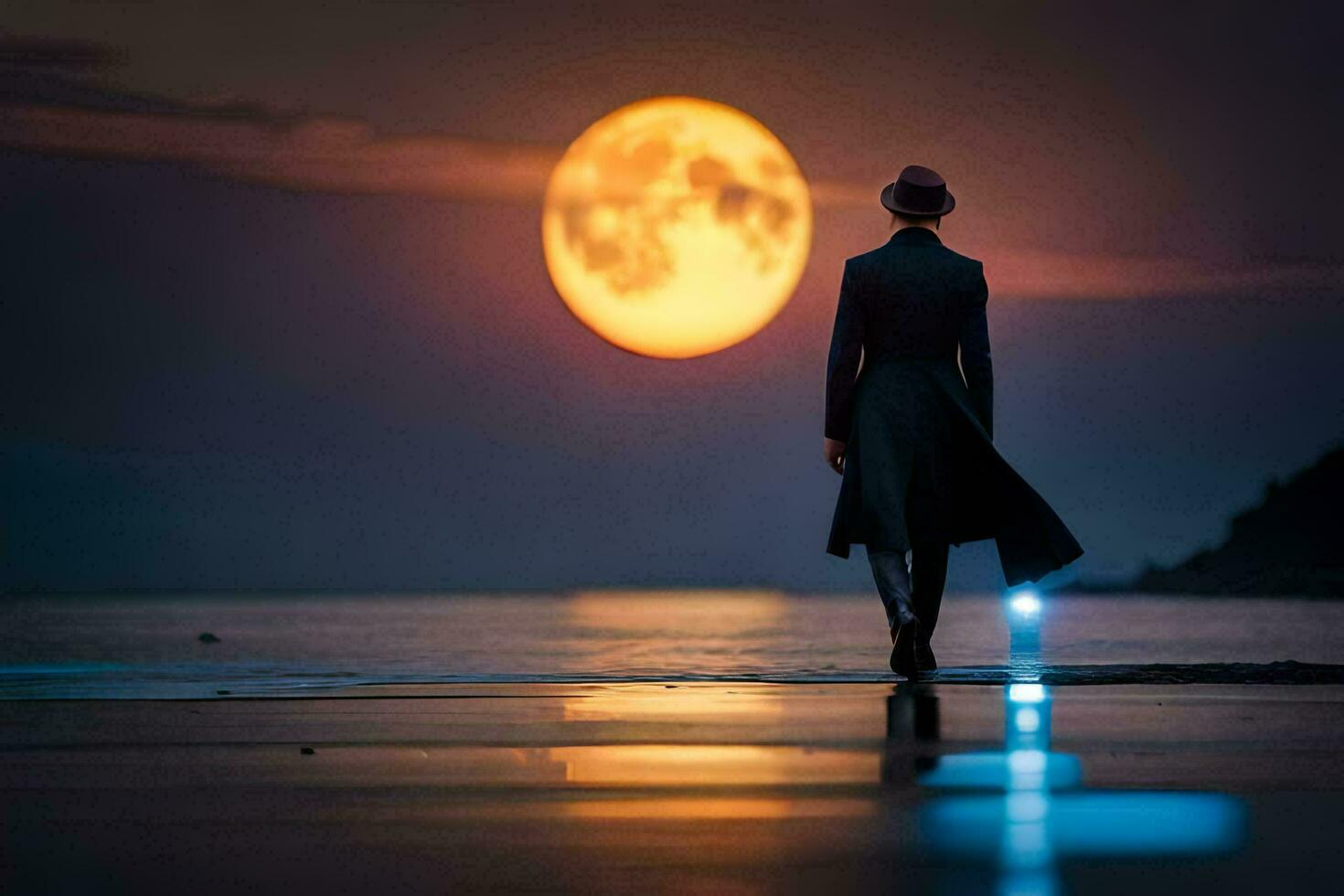 a man in a coat and hat walking on the beach at night. AI-Generated photo