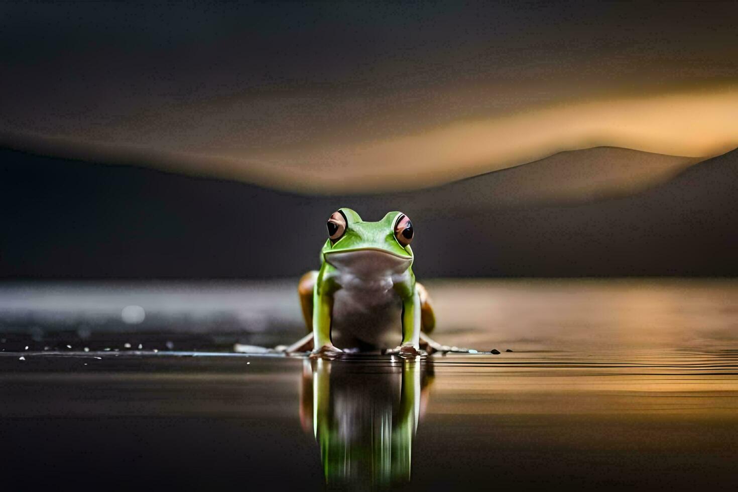 a frog sitting on the water at sunset. AI-Generated photo
