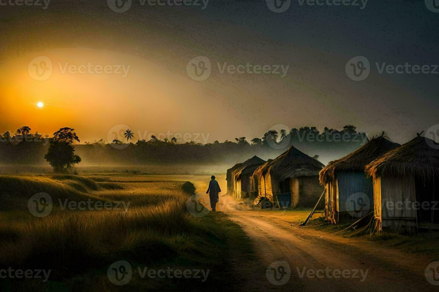 a man walks down a dirt road in front of huts. AI-Generated photo