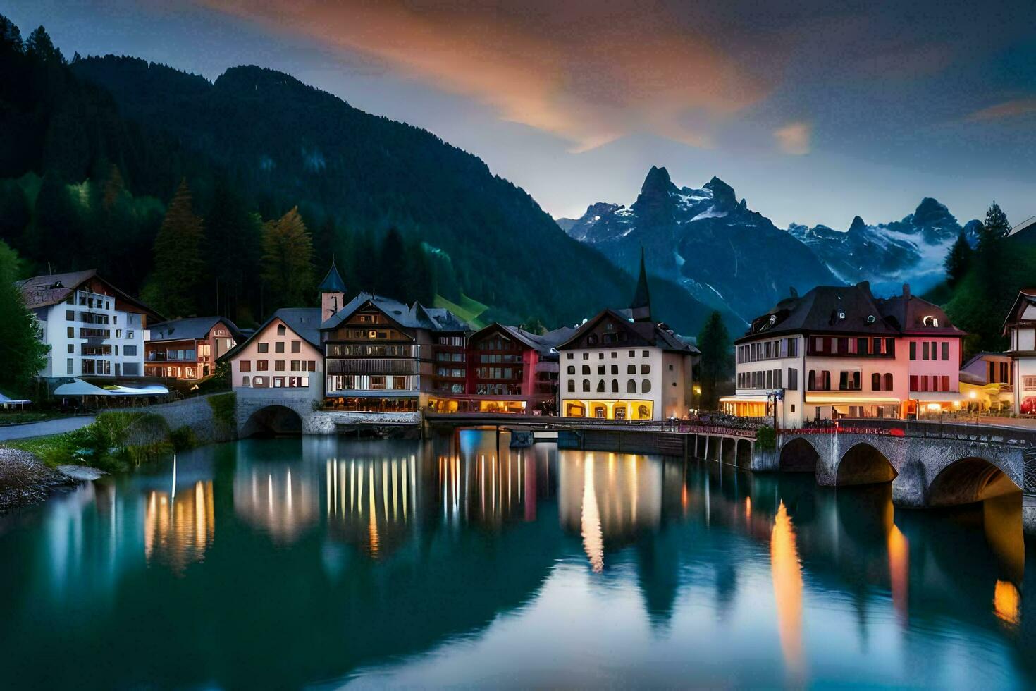 photo wallpaper the sky, mountains, river, bridge, town, alpine, switzerland,. AI-Generated