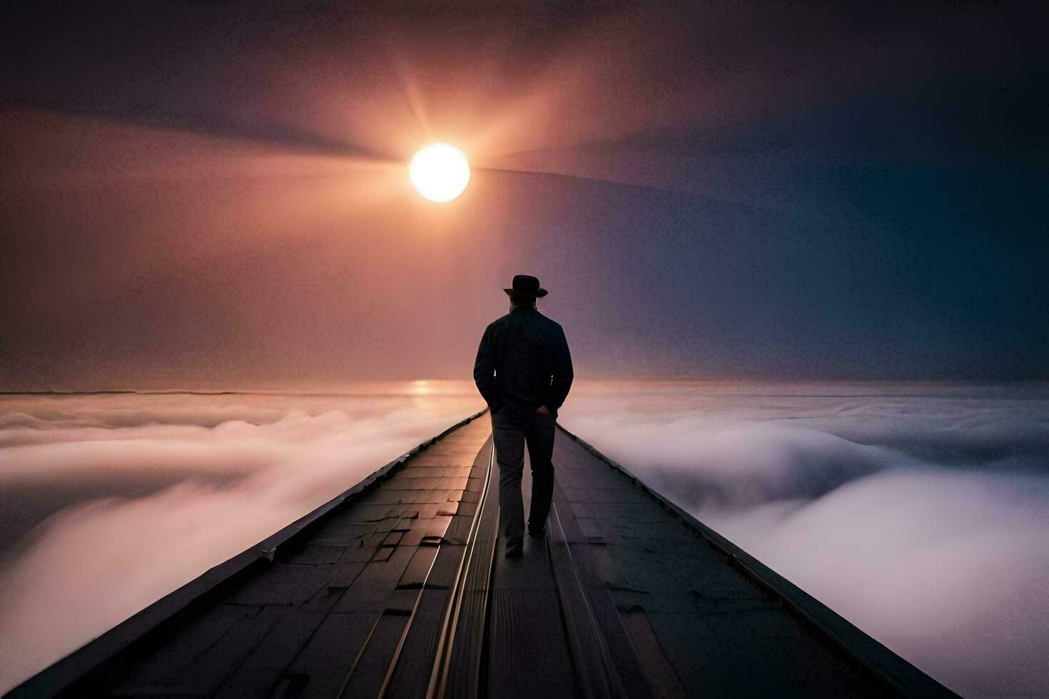 a man standing on a bridge over the clouds. AI-Generated photo