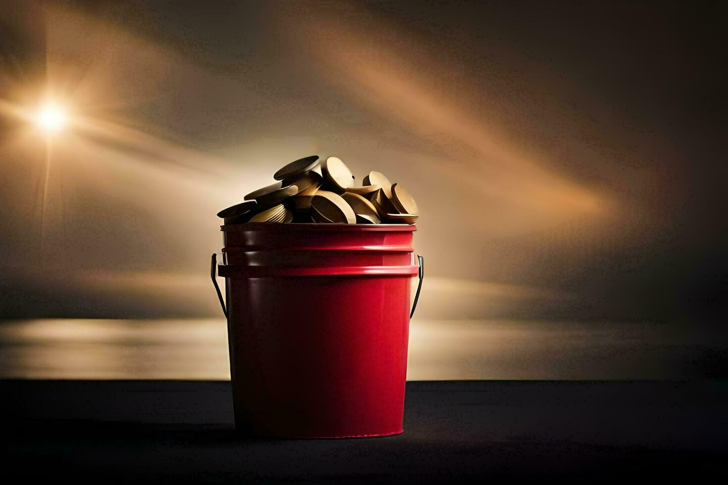 a red bucket filled with wood on a table. AI-Generated photo