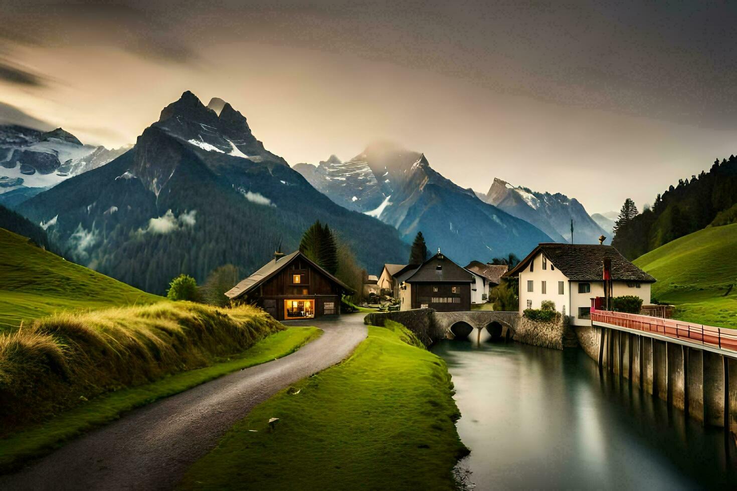 a river runs through a village in the mountains. AI-Generated photo