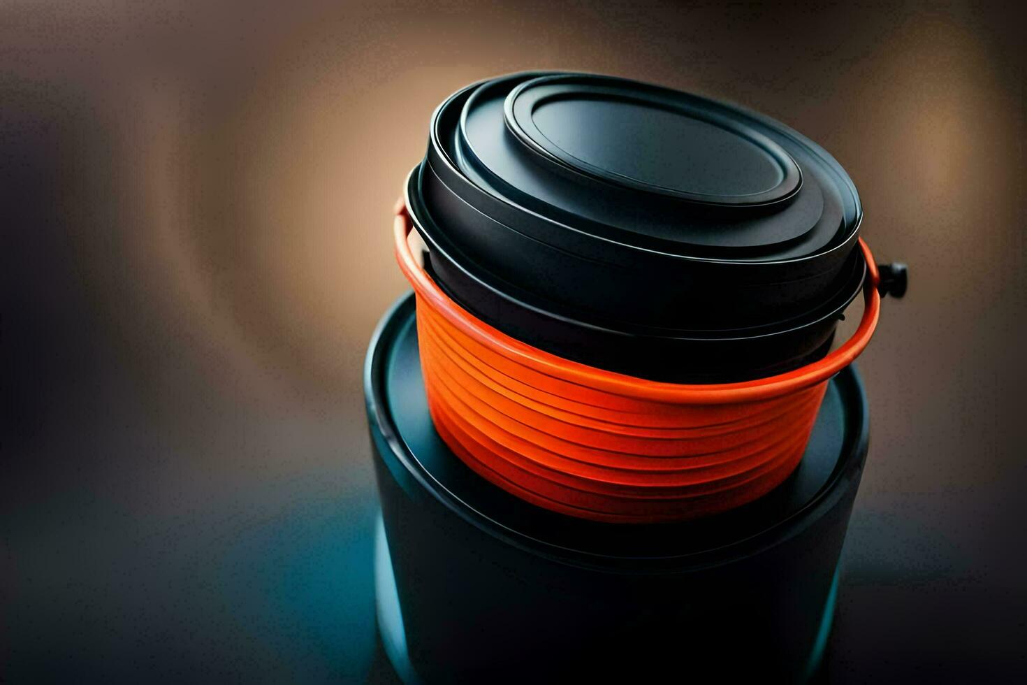 un negro y naranja café taza con un tapa. generado por ai foto