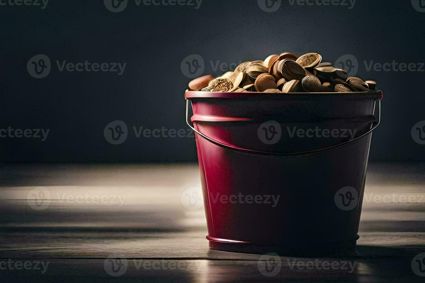 a red bucket filled with nuts on a wooden table. AI-Generated photo