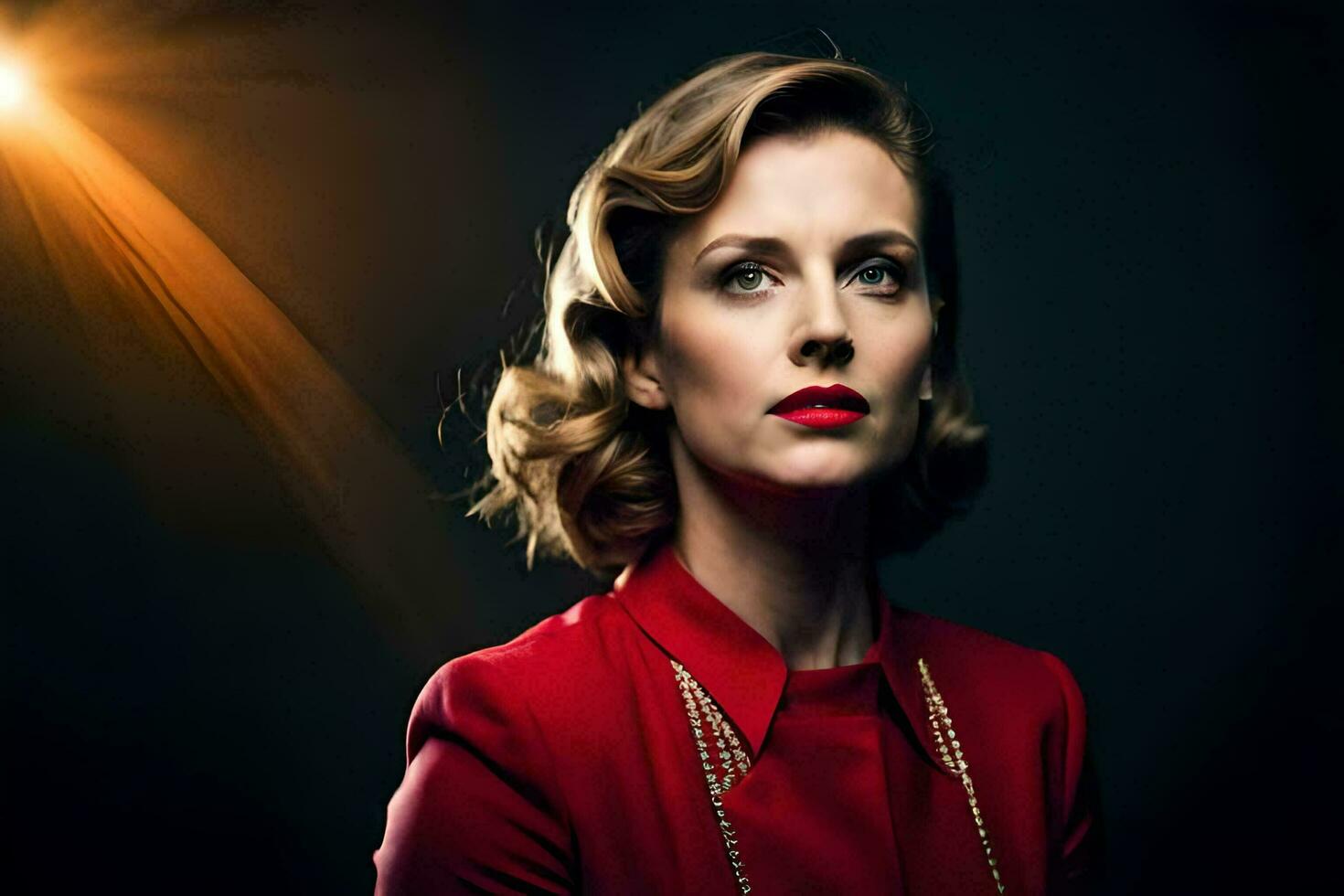 a woman in red is posing for the camera. AI-Generated photo