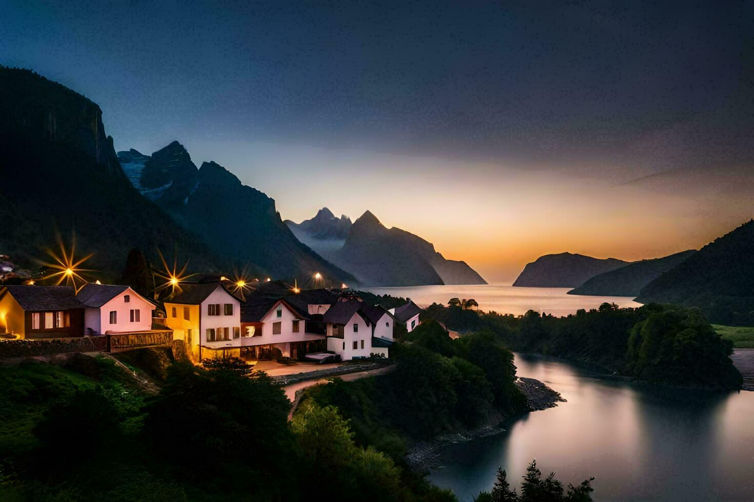 photo wallpaper the sky, mountains, water, houses, norway, the fjords,. AI-Generated