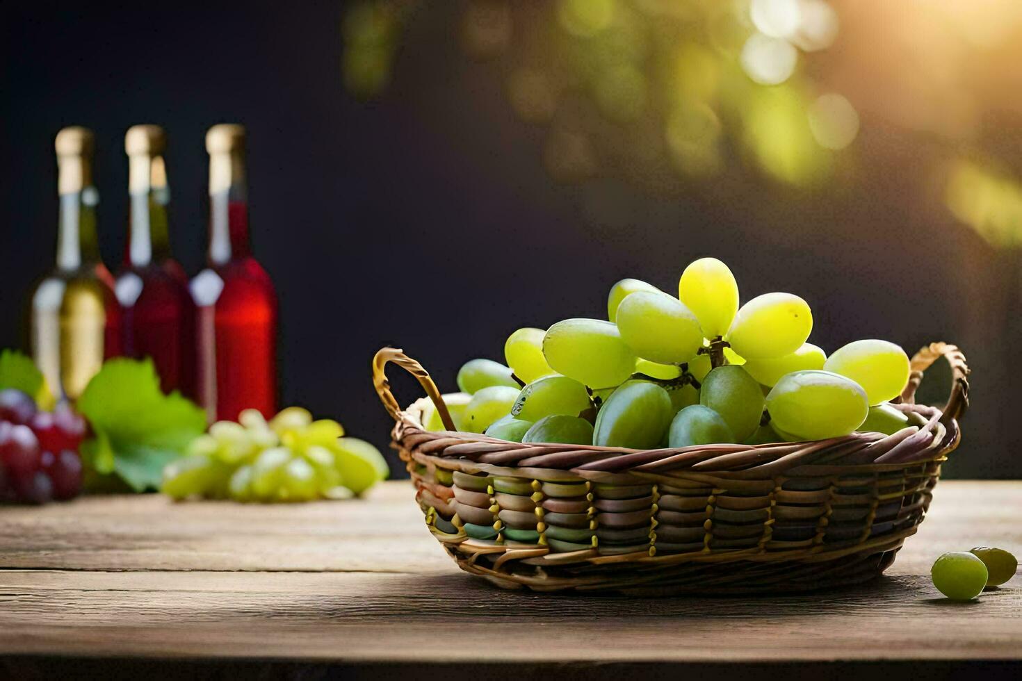 grapes in a basket on a wooden table. AI-Generated photo