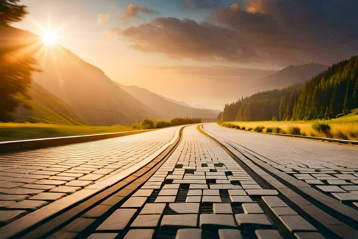 a road with a sun setting behind it. AI-Generated photo