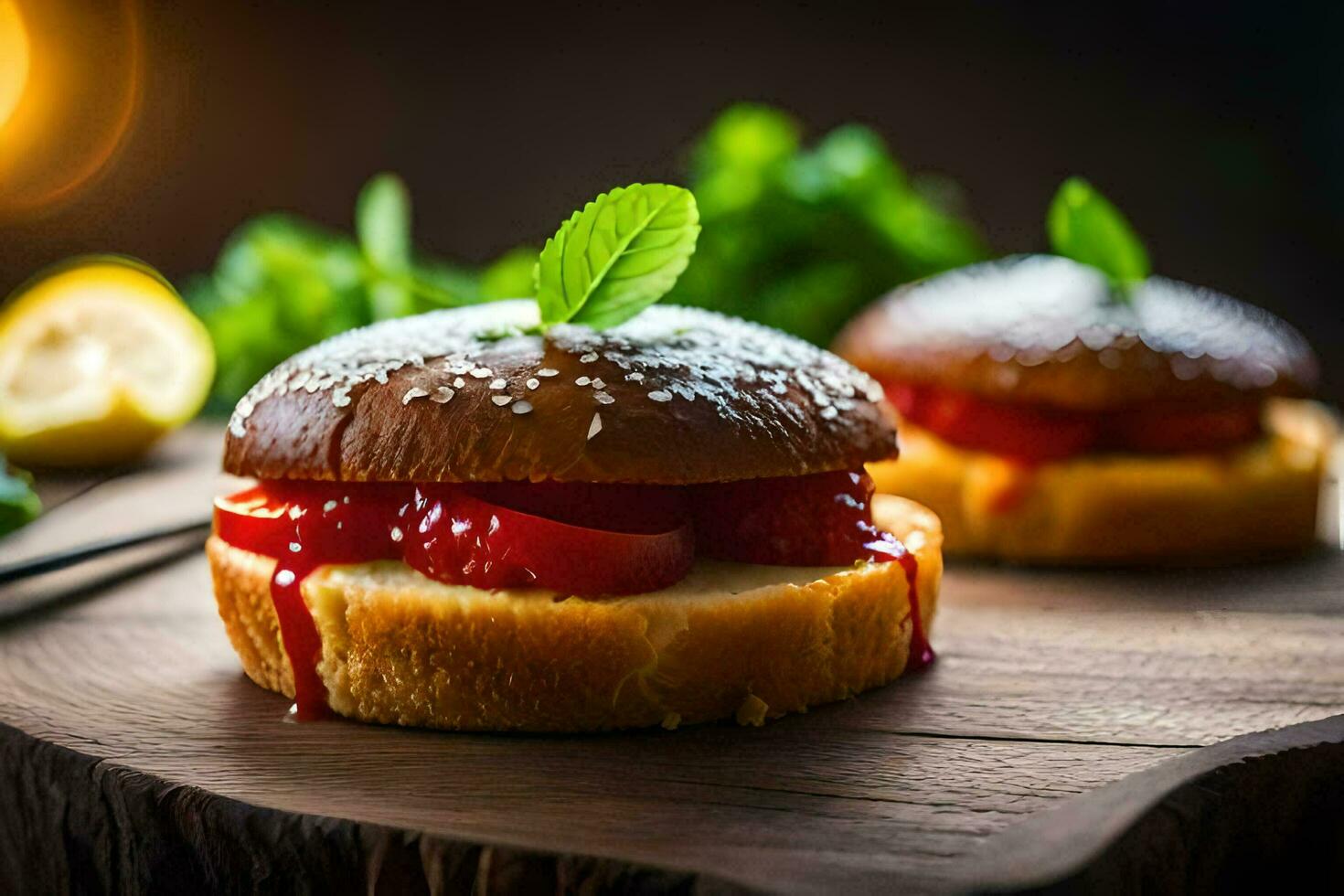 two hamburgers with strawberry sauce on a wooden board. AI-Generated photo