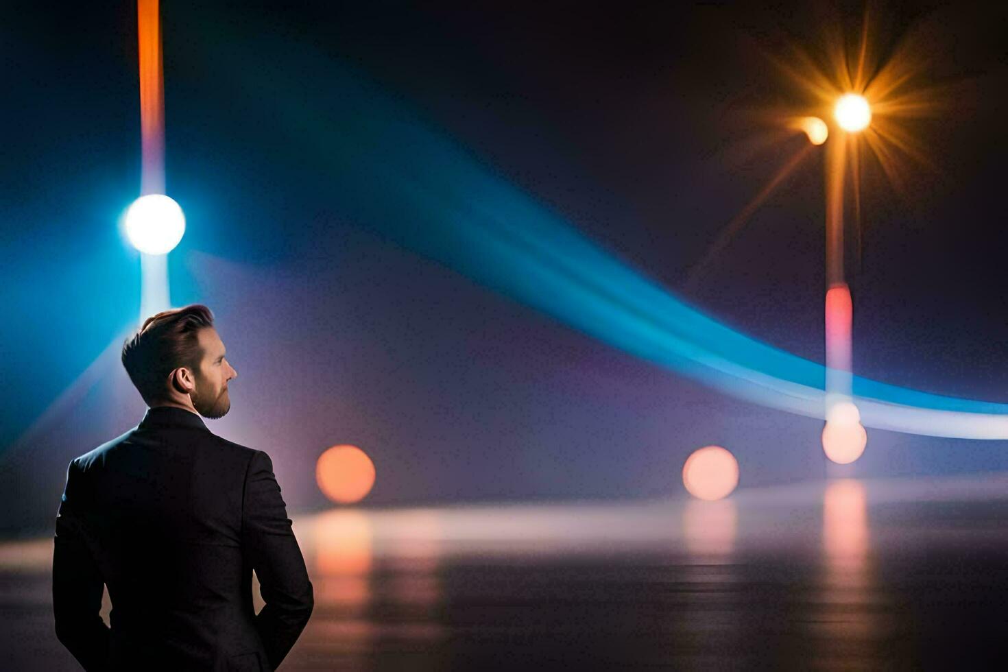 a man in a suit stands in front of a city at night. AI-Generated photo