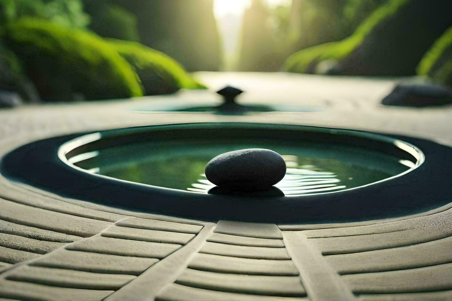 a stone pond in a garden with a stone in the middle. AI-Generated photo