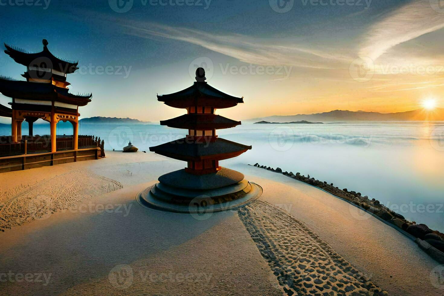 a pagoda sits on the beach at sunset. AI-Generated photo