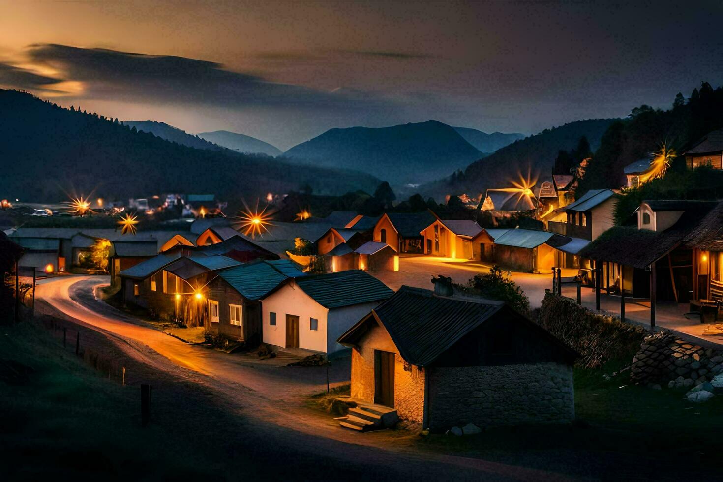 photo wallpaper the sky, mountains, night, the village, the mountains, the village, the. AI-Generated