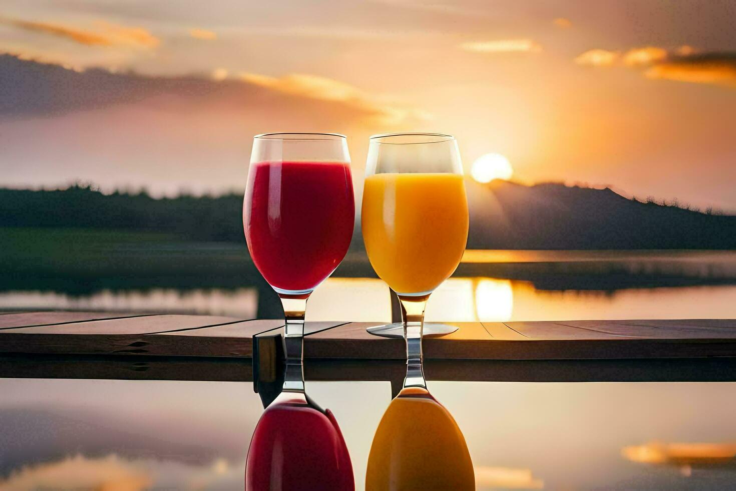 dos lentes de naranja jugo en un de madera mesa en frente de un lago. generado por ai foto