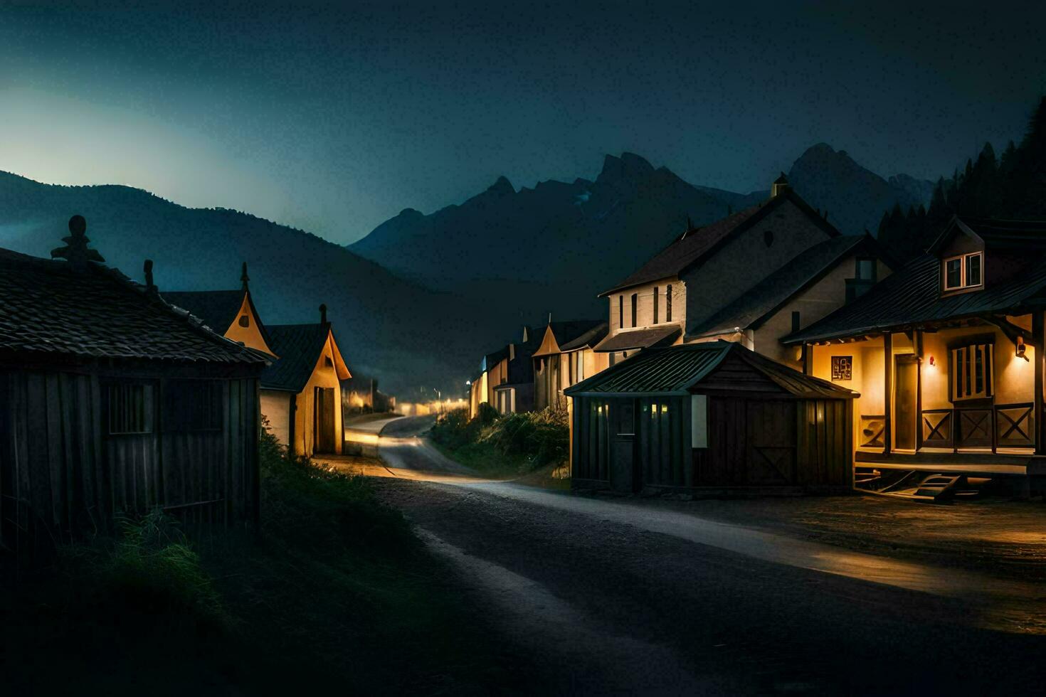 photo wallpaper the sky, mountains, night, the village, the road, the mountains, the. AI-Generated