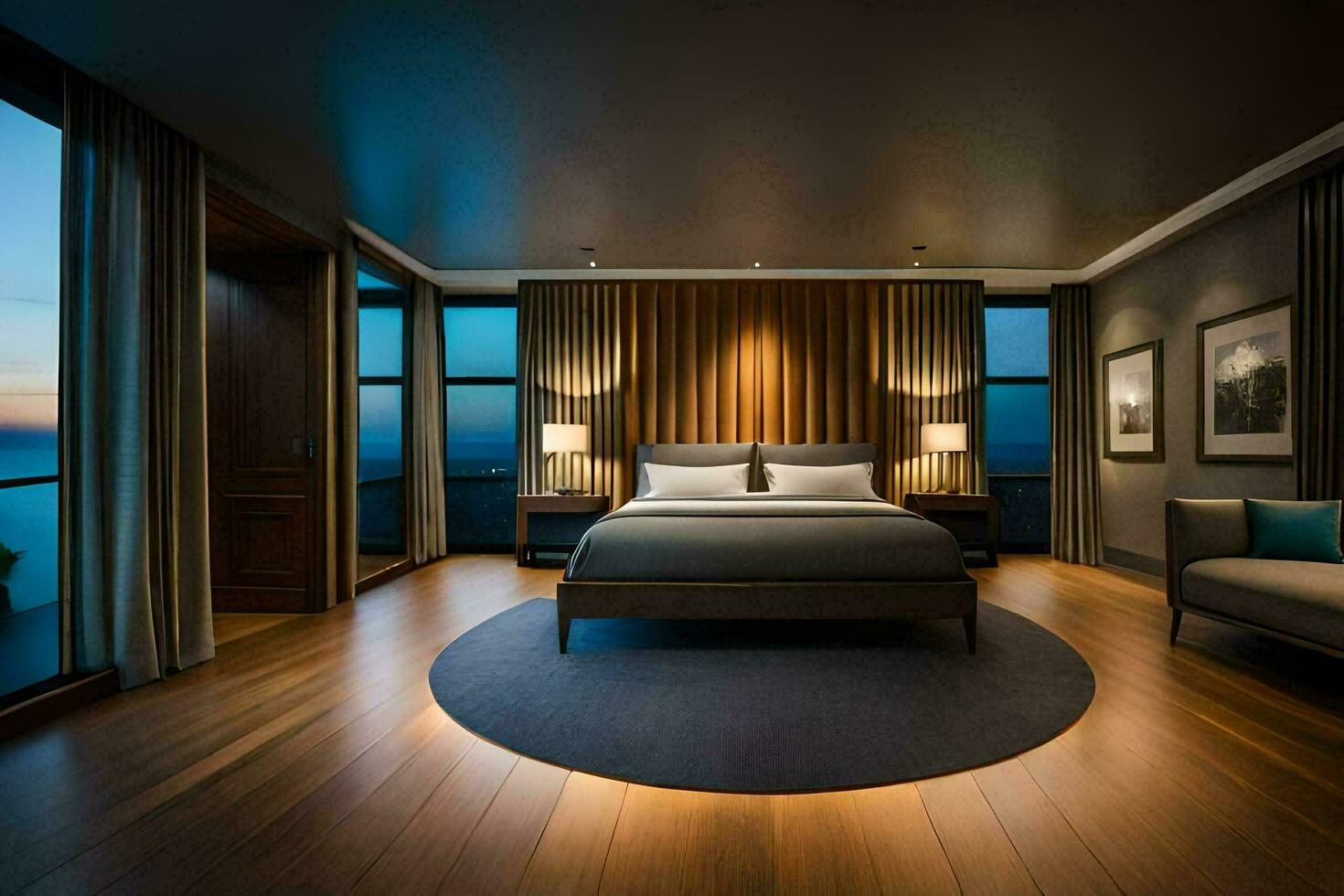 a bedroom with a large bed and wooden flooring. AI-Generated photo