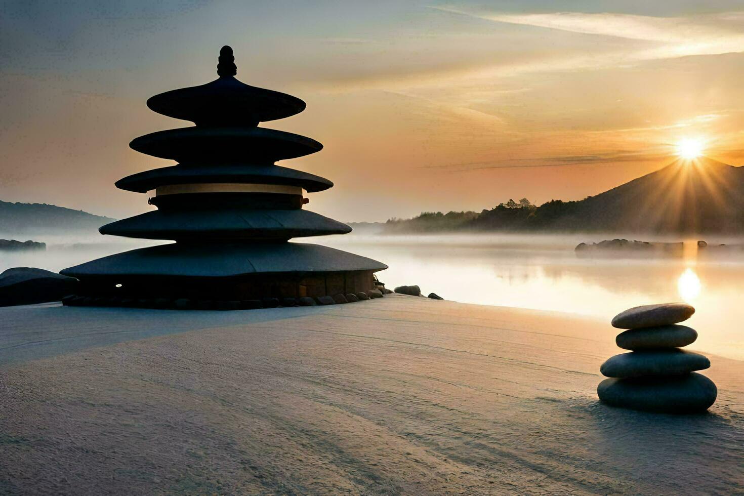 a pagoda sits on the shore of a lake at sunrise. AI-Generated photo