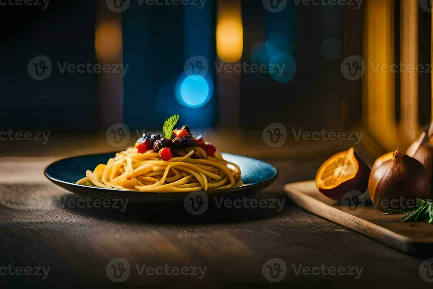 spaghetti with berries and tomatoes on a wooden table. AI-Generated photo