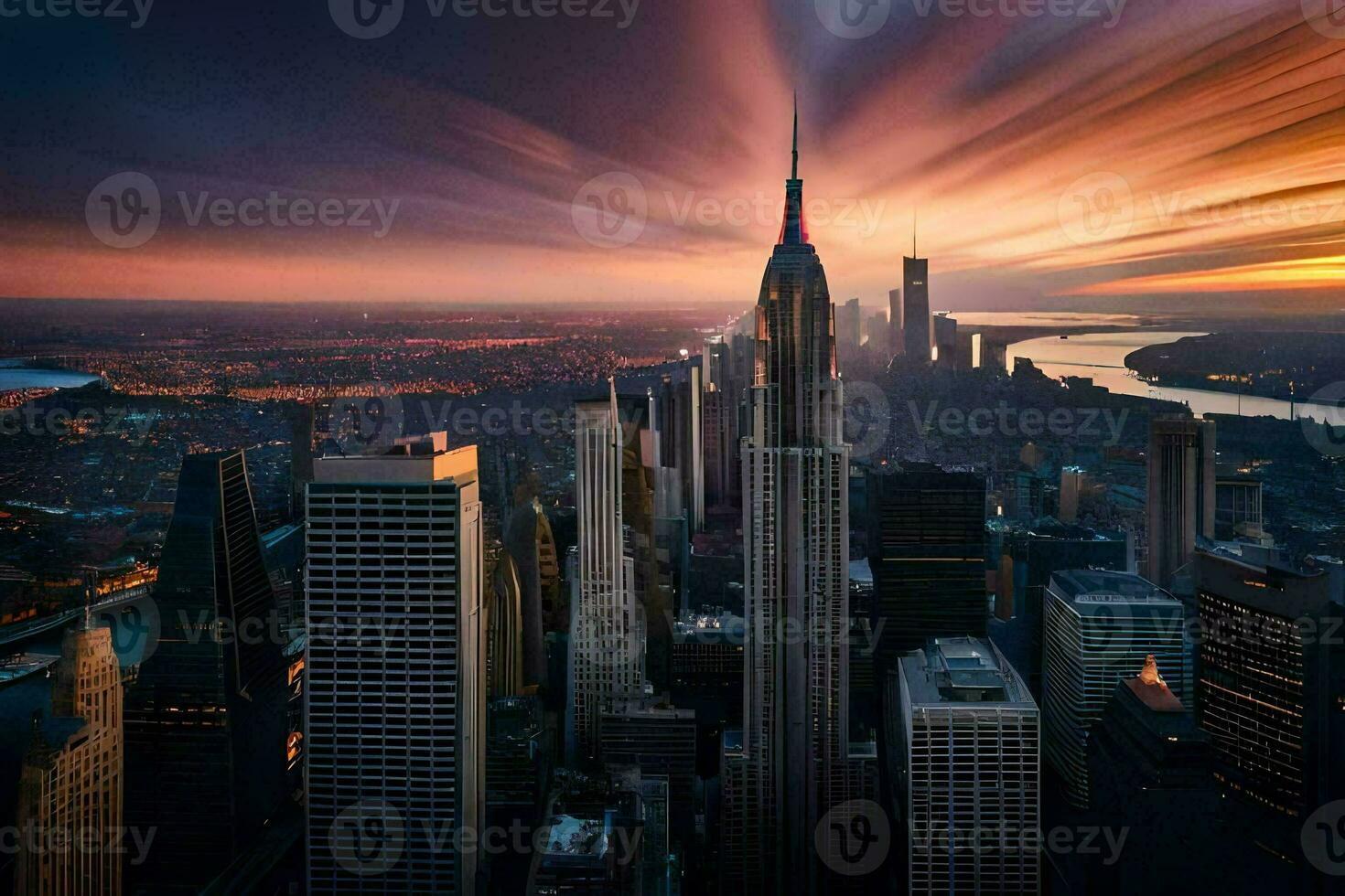 the empire state building is seen in the sunset. AI-Generated photo