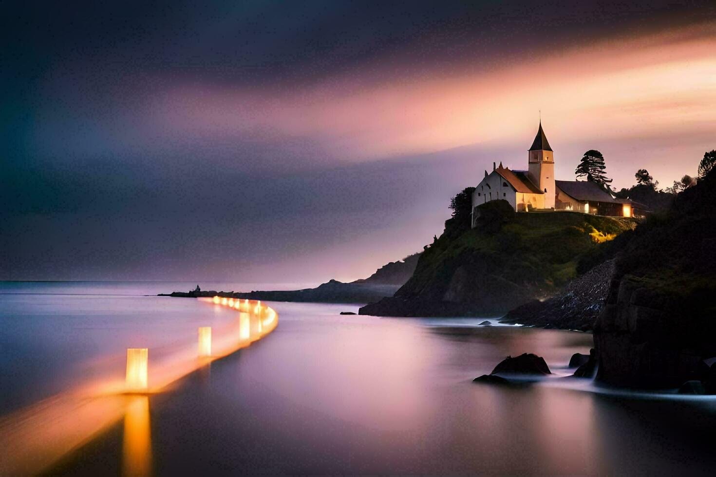 a church on the coast with a long exposure. AI-Generated photo