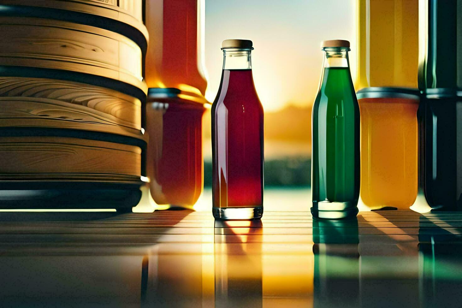 three bottles of different colors are sitting on a table. AI-Generated photo