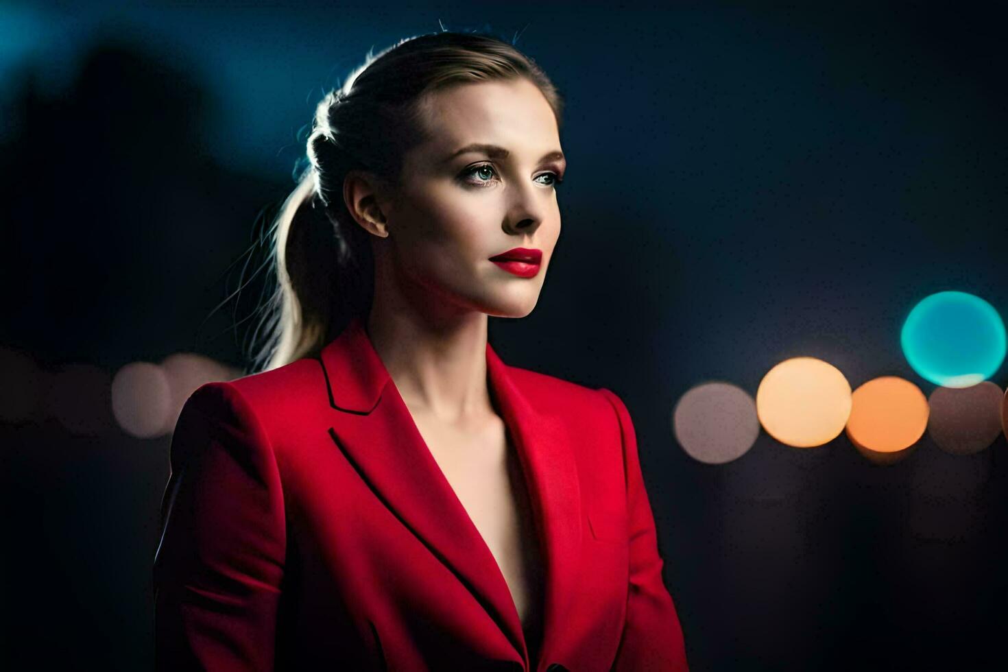 a woman in a red suit and red lipstick. AI-Generated photo