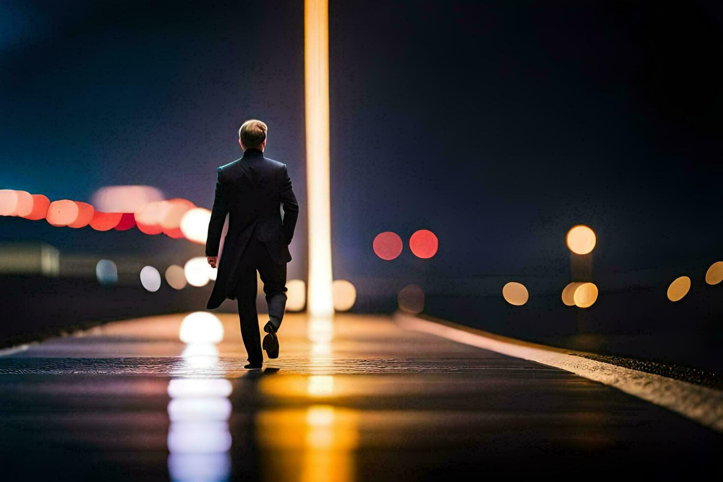 a man walking down a road at night with lights in the background. AI-Generated photo